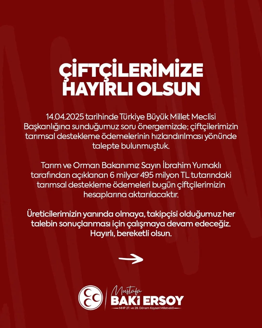 MHP Kayseri Milletvekili Baki Ersoy, 6 milyar 495 milyon TL